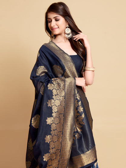 Dhiyona GR Women's Satrangi Admiral Blue Zari Woven Design Linen Saree
