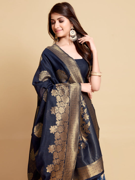 Dhiyona GR Women's Satrangi Admiral Blue Zari Woven Design Linen Saree