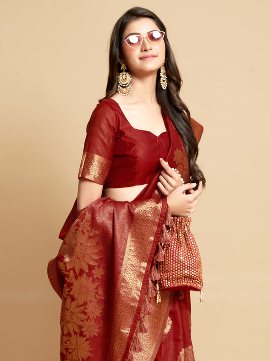 Dhiyona GR Women's Satrangi Chilli Red Zari Woven Design Linen Saree