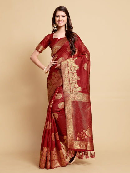 Dhiyona GR Women's Satrangi Chilli Red Zari Woven Design Linen Saree
