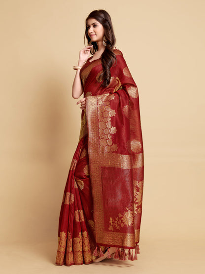 Dhiyona GR Women's Satrangi Chilli Red Zari Woven Design Linen Saree