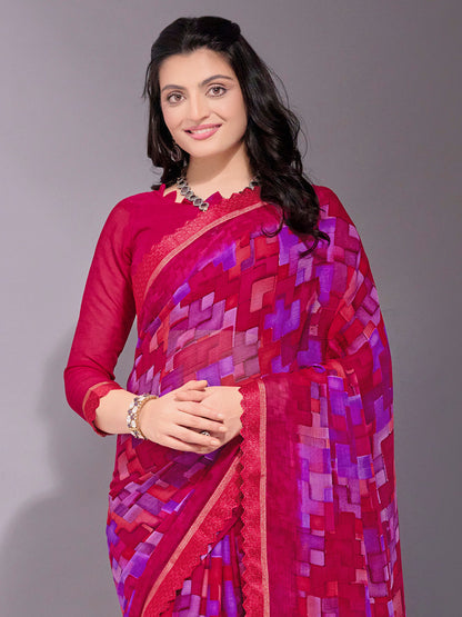 Women's Chiffon Pink Printed Designer Saree With Blouse Piece