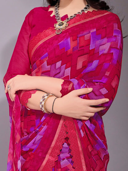 Women's Chiffon Pink Printed Designer Saree With Blouse Piece