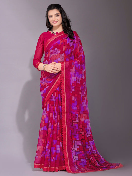 Women's Chiffon Pink Printed Designer Saree With Blouse Piece
