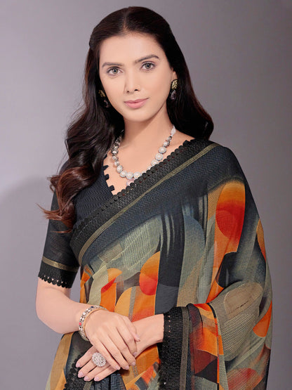 Women's Chiffon Black Printed Designer Saree With Blouse Piece