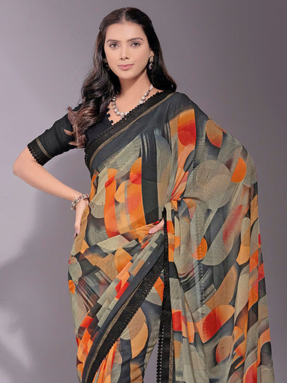 Women's Chiffon Black Printed Designer Saree With Blouse Piece