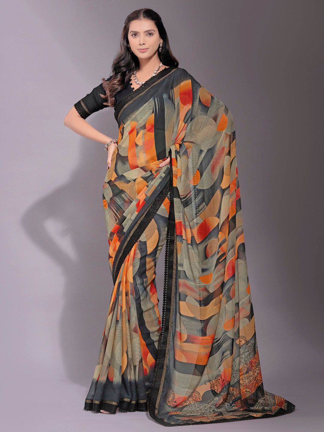 Women's Chiffon Black Printed Designer Saree With Blouse Piece