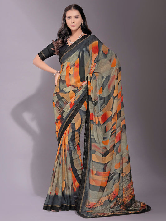 Women's Chiffon Black Printed Designer Saree With Blouse Piece