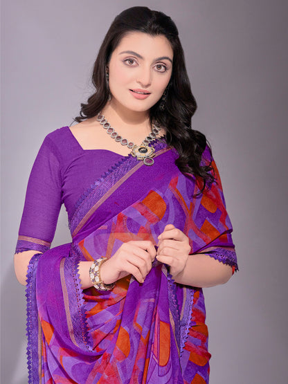 Women's Chiffon Purple Printed Designer Saree With Blouse Piece