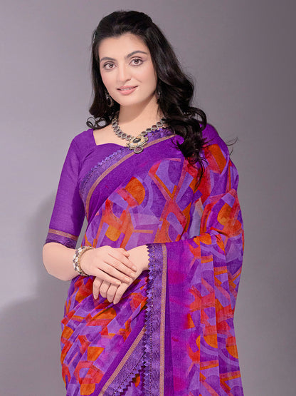 Women's Chiffon Purple Printed Designer Saree With Blouse Piece