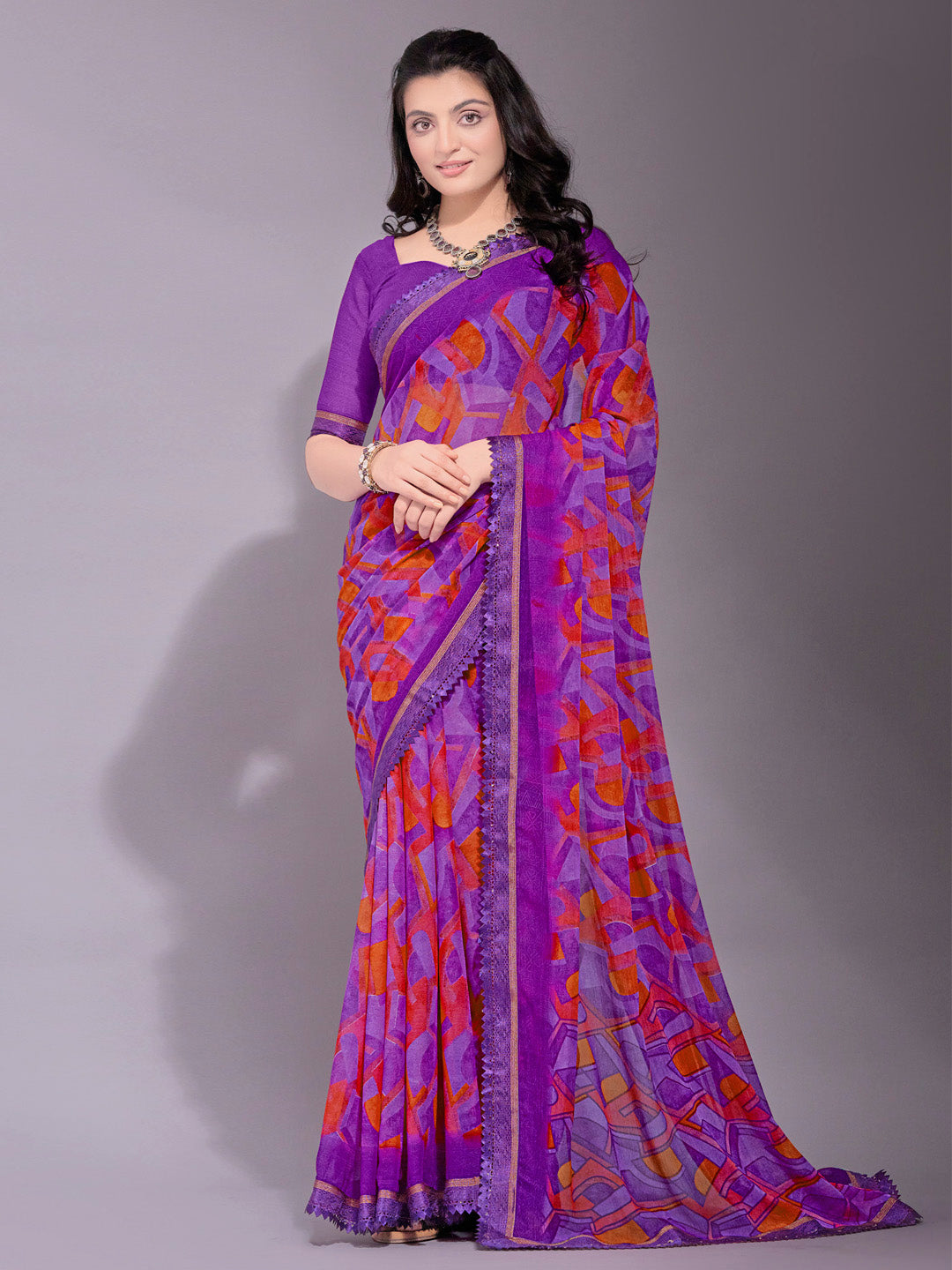 Women's Chiffon Purple Printed Designer Saree With Blouse Piece