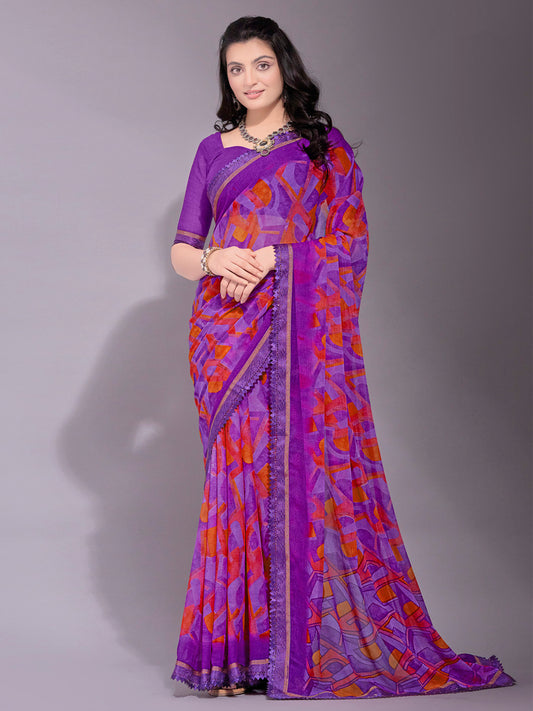 Women's Chiffon Purple Printed Designer Saree With Blouse Piece