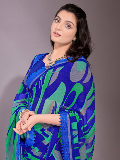 Women's Chiffon Blue Printed Designer Saree With Blouse Piece