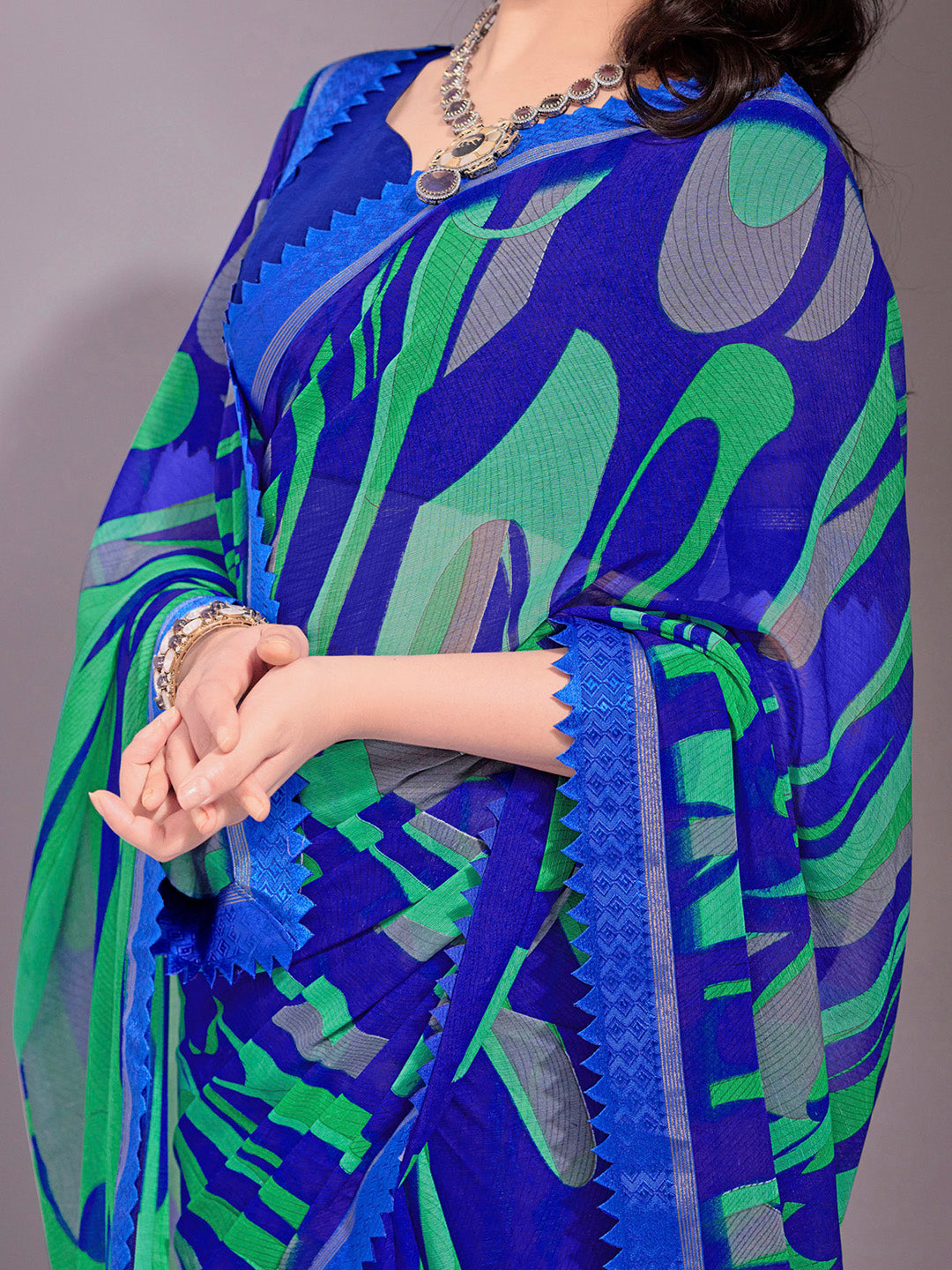 Women's Chiffon Blue Printed Designer Saree With Blouse Piece