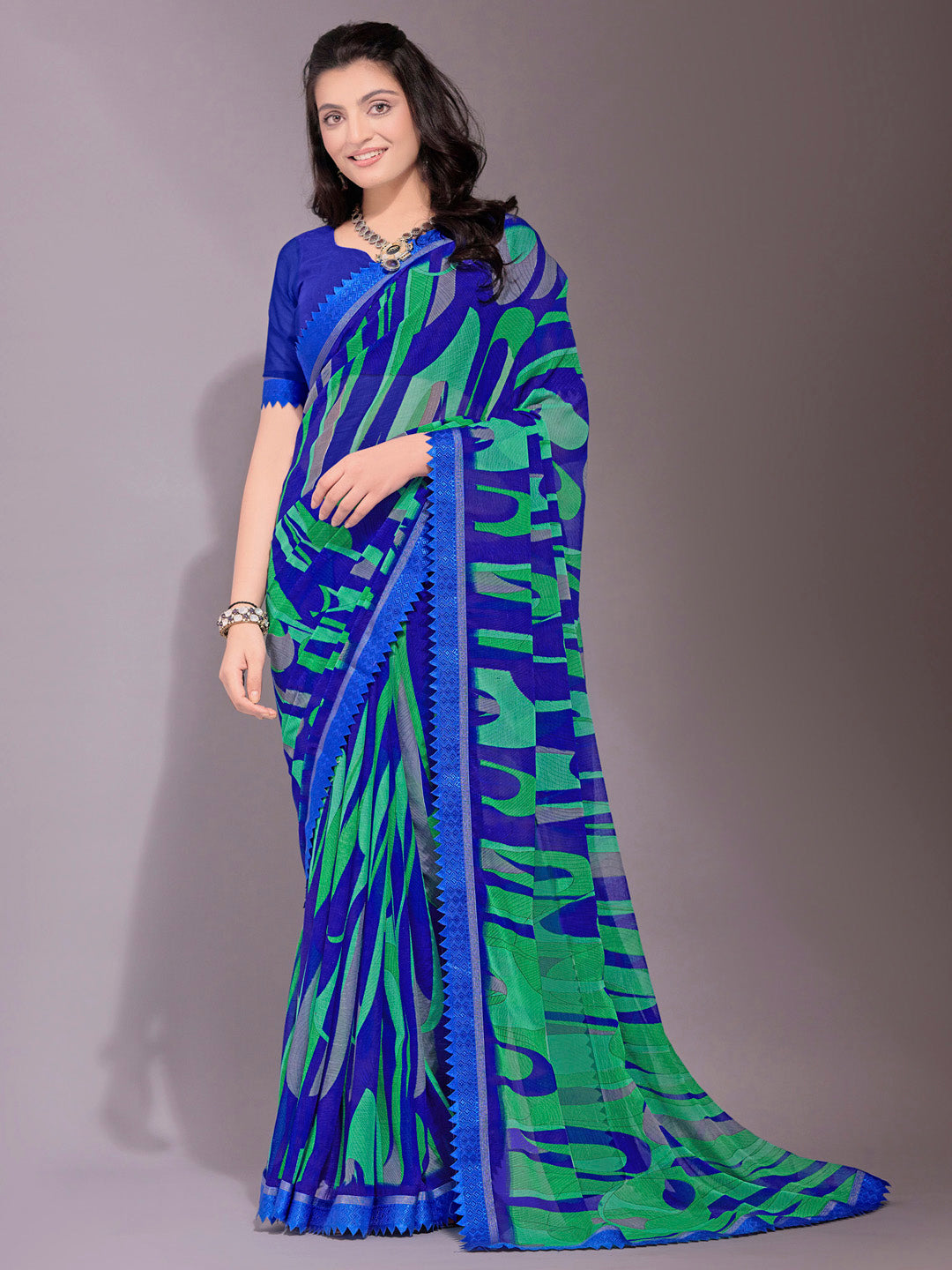 Women's Chiffon Blue Printed Designer Saree With Blouse Piece