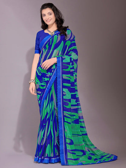 Women's Chiffon Blue Printed Designer Saree With Blouse Piece