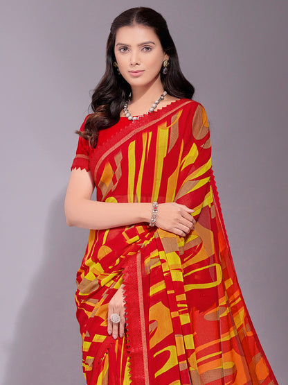 Women's Chiffon Red Printed Designer Saree With Blouse Piece
