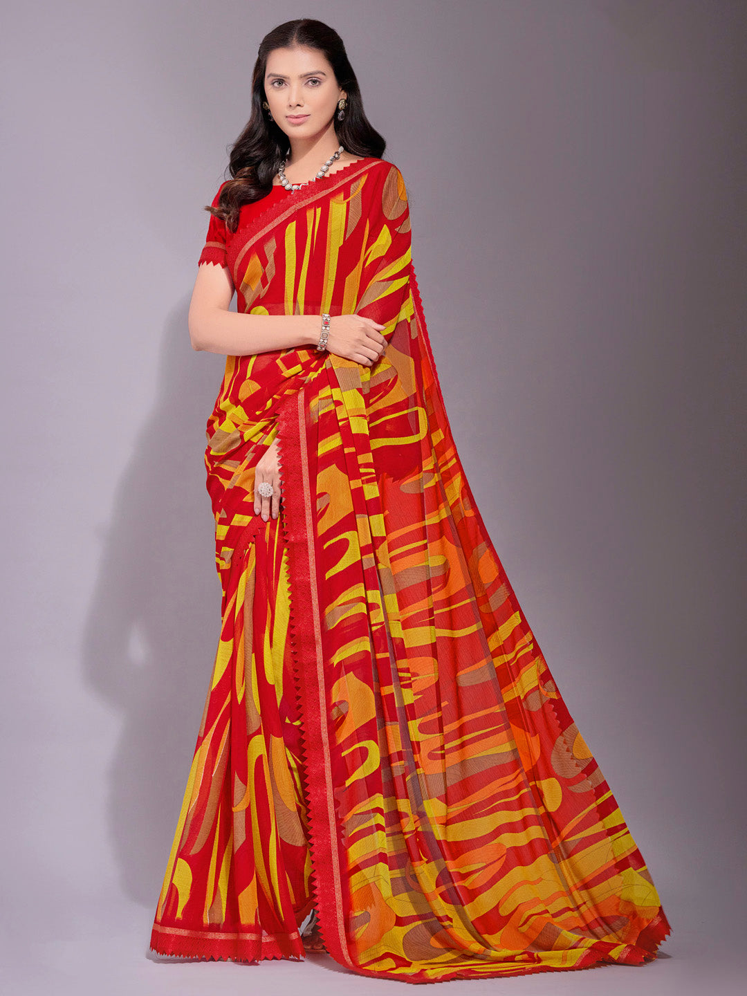 Women's Chiffon Red Printed Designer Saree With Blouse Piece