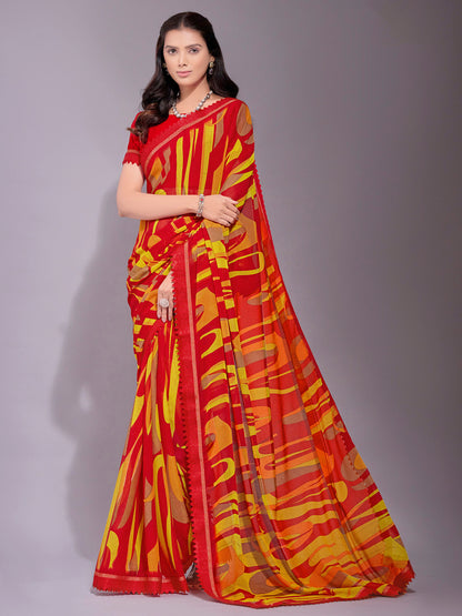 Women's Chiffon Red Printed Designer Saree With Blouse Piece