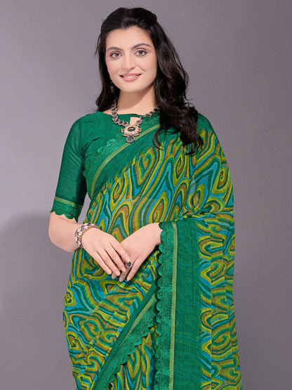 Women's Chiffon Green Printed Designer Saree With Blouse Piece
