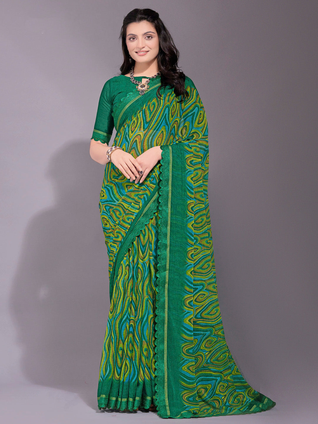 Women's Chiffon Green Printed Designer Saree With Blouse Piece