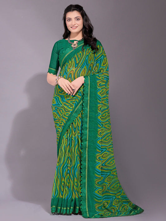 Women's Chiffon Green Printed Designer Saree With Blouse Piece
