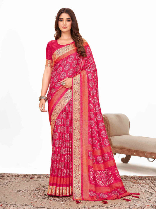 Women's Dola Silk Pink Printed Designer Saree With Blouse Piece