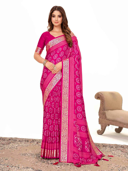 Women's Dola Silk Pink Printed Designer Saree With Blouse Piece