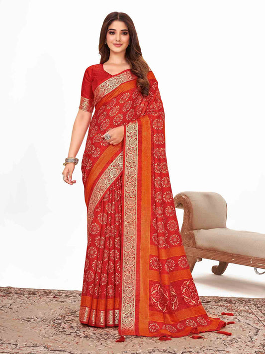 Women's Dola Silk Red Printed Designer Saree With Blouse Piece