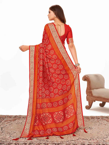 Women's Dola Silk Red Printed Designer Saree With Blouse Piece