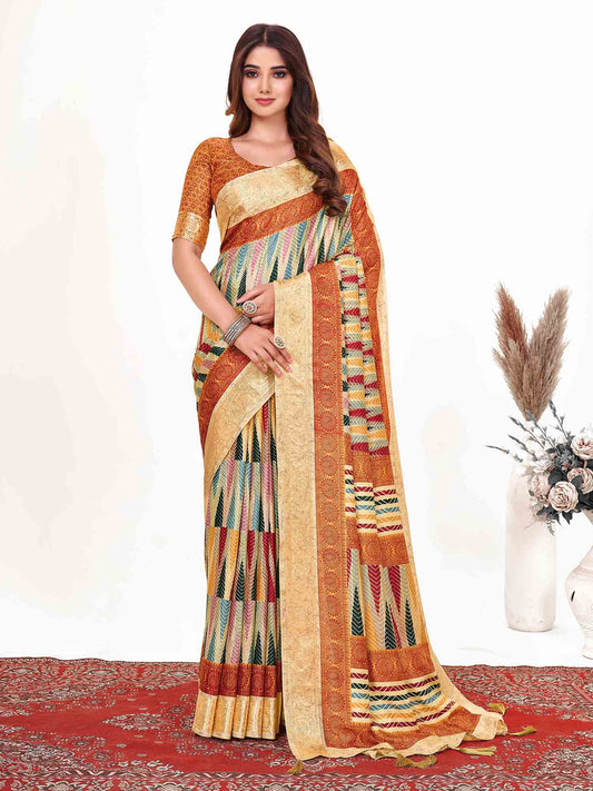 Women's Dola Silk Rust Printed Designer Saree With Blouse Piece