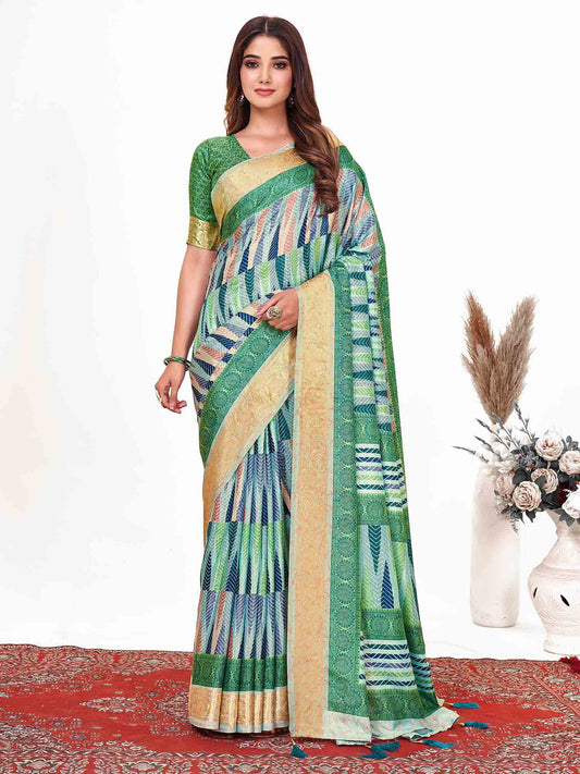 Women's Dola Silk Green Printed Designer Saree With Blouse Piece