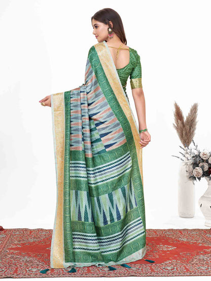 Women's Dola Silk Green Printed Designer Saree With Blouse Piece