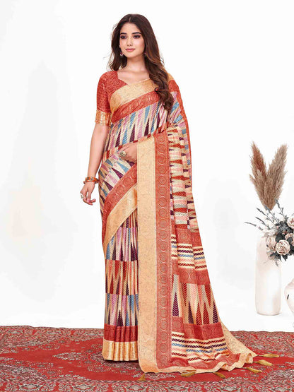 Women's Dola Silk Brown Printed Designer Saree With Blouse Piece