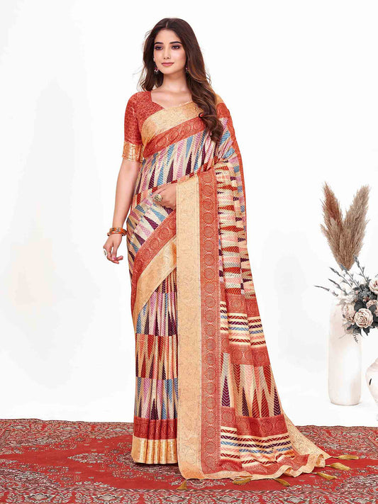 Women's Dola Silk Brown Printed Designer Saree With Blouse Piece