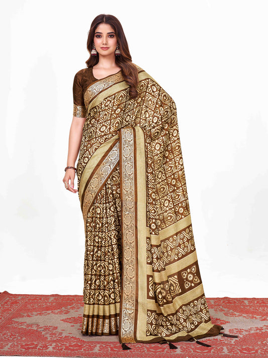 Women's Dola Silk Brown Printed Designer Saree With Blouse Piece