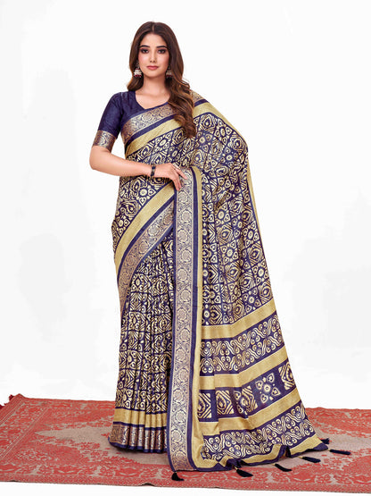 Women's Dola Silk Navy Blue Printed Designer Saree With Blouse Piece