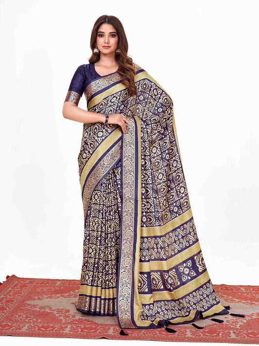 Women's Dola Silk Navy Blue Printed Designer Saree With Blouse Piece