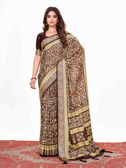 Women's Dola Silk Coffee Brown Printed Designer Saree With Blouse Piece