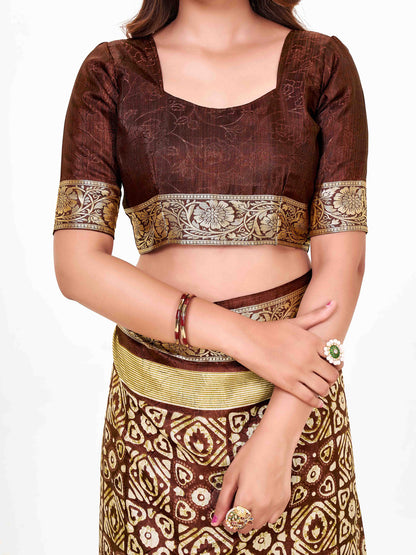 Women's Dola Silk Coffee Brown Printed Designer Saree With Blouse Piece