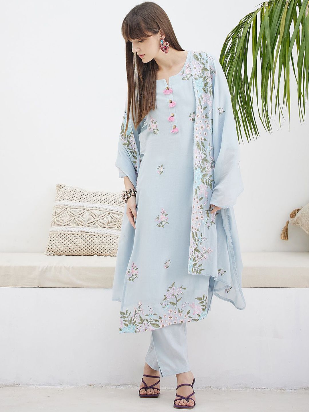 Floral Embroidered Straight Thread Work Pure Cotton Kurta With Trousers & Dupatta