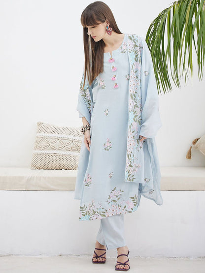 Floral Embroidered Straight Thread Work Pure Cotton Kurta With Trousers & Dupatta
