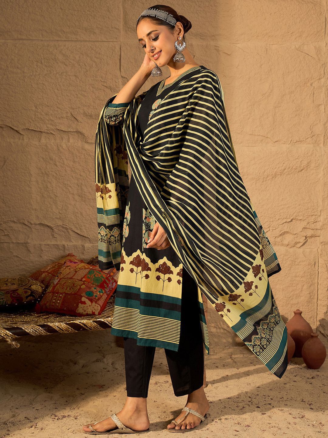 Women Floral Printed Pure Cotton Kurta with Trouser & Dupatta