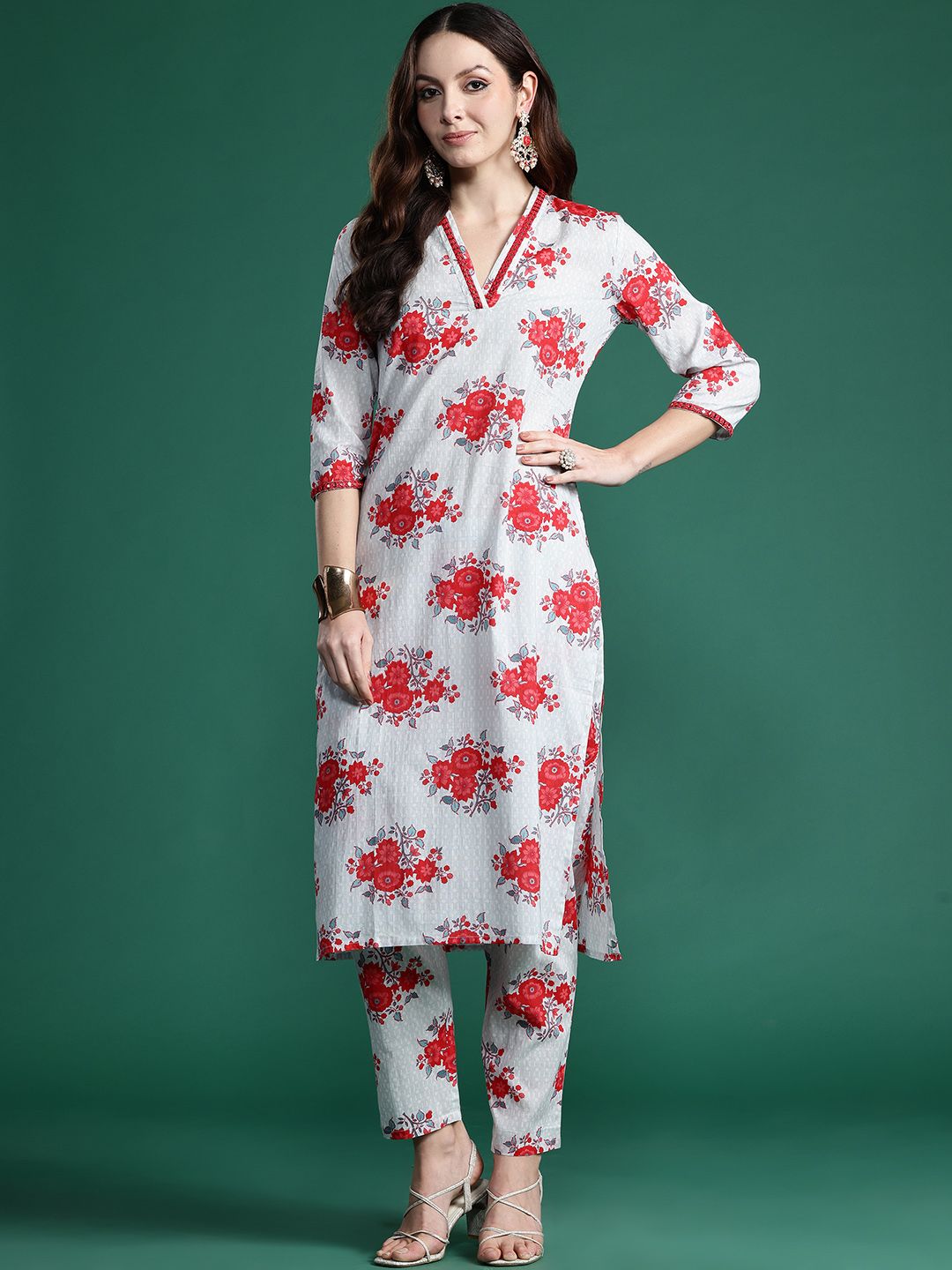 Floral Printed Mirror Work Pure Cotton Kurta with Trousers