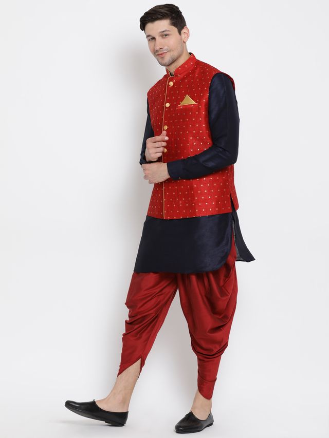 Men's Dark Blue Silk Blend Straight Jacket  Kurta and Dhoti Set