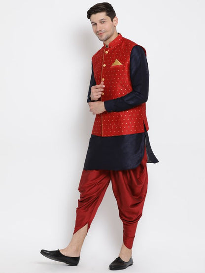 Men's Dark Blue Silk Blend Straight Jacket  Kurta and Dhoti Set
