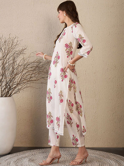 Dhiyona IE Floral Printed Pure Cotton Notch Neck Straight Tunic And Trousers