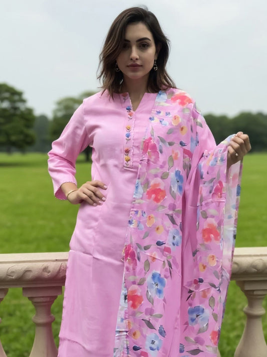 Dhiyona IE Women's Floral Printed Mandarin Collar Kurta With Trousers & Dupatta