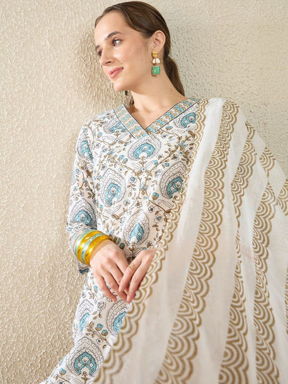 Women Ethnic Motifs Printed Regular Pure Cotton Kurta with Trousers & With Dupatta