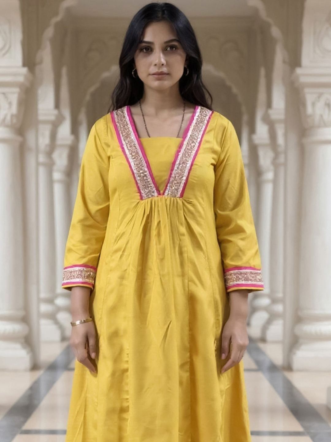 Women Ethnic Motifs Embroidered Empire Gotta Patti A-Line Kurta with Trouser